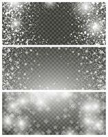 Snowfall and falling snowflakes on background. Set of three backdrops. White snowflakes and Christmas snow. Vector illustration