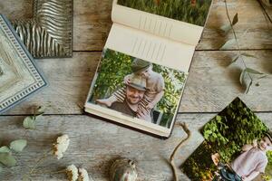 Photo printing, frame shop. Picture album with printed photos.