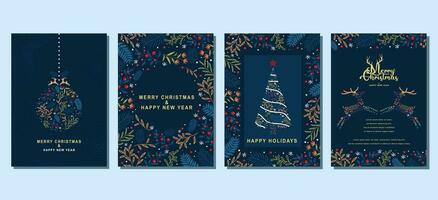 Elegant Merry Christmas and Happy New Year Set of greeting cards, posters, holiday covers vector