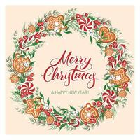 Merry Christmas wreath with text. Green fir, twigsred and whites berries, cookies and sweets. Greeting card template for winter holidays. Vector illustration.