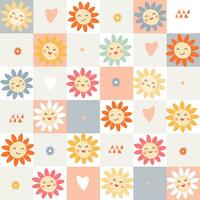 Seamless pattern with abstract cheerful flowers of daisies and cute faces with smiles on the background of a grid of multicolored squares. Vector graphics.