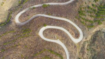 vit bil går på serpentin berg väg. flygande uppåt. grön kullar. aer.. video