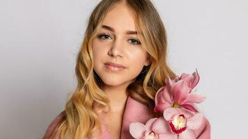 Seductive blonde woman in pink jacket posing in studio photo