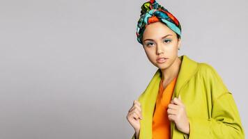 Portrait of a young woman with bright makeup and a fashionable headscarf. photo