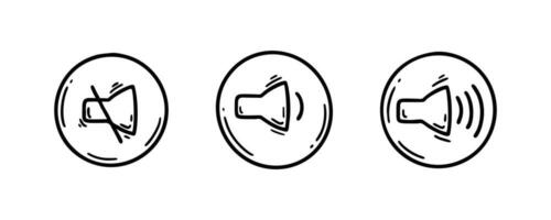 Doodle sound icons set. Mute and sound on mode symbol. Speaker sketch pictogram. Play music, voice, noise regulation sketch buttons vector