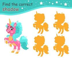 Find correct shadow funny curly mane pink unicorn vector