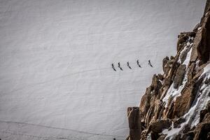 Mont Blanc, Chamonix, French Alps. France. - tourists climbing up the mountain photo