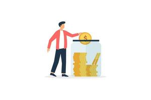 Young man keeps money in piggy bank for savings. Vector illustration