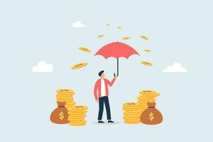 Happy businessman standing on money. Rain of wealth. Investment concept. Vector illustration