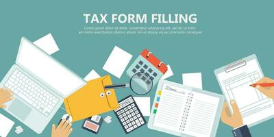 Tax form filling. Tax payment. Government, state taxes. Data analysis, paperwork, financial research, report. Businessman calculation tax return. Flat design. Tax form vector. Payment of debt. vector