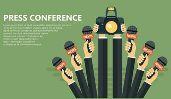 Microphones in reporter hands. Set of microphones and camera isolated on green background. Mass media, television, interview, breaking news, press conference concept. Flat vector illustration.