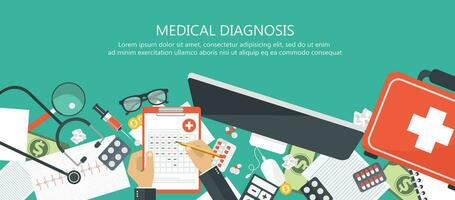 Medical diagnosis concept. Medicine and healthcare. Wooden desk with medical equipment. Flat vector illustration