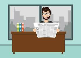 Lazy businessman reading newspaper in office. Flat vector illustration