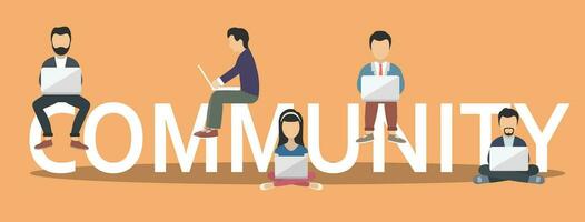 Community concept illustration of young people using laptops as part of internet community. Flat design of people on letters symbols. Flat vector illustration