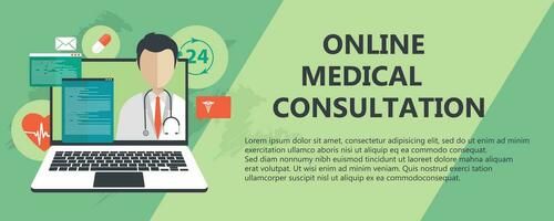 On line medical consultation. Emergency help service. Doctor on call. Flat vector illustration