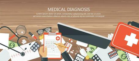 Medical diagnosis concept. Medicine and healthcare. Wooden desk with medical equipment. Flat vector illustration