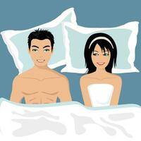 Young couple happy in bed. Flat vector illustration