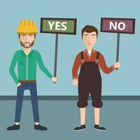 People workers holding yes and no signs for voting. Concept for protests, demonstrations and voting. Flat vector illustration