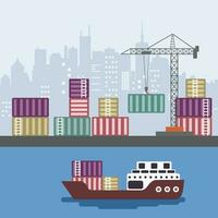 Container ship at freight port terminal Unloading. Merchant Marine. Flat vector illustration