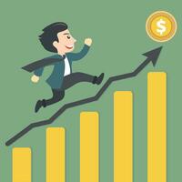 Concept for dollar raising. Successful businessman climbing up growing chart. Concept for business success. Flat vector illustration