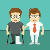 Patient with broken leg and his doctor. Flat vector illustration