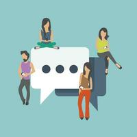 People sitting on big symbols. Speech bubbles for comment and reply concept. Flat vector illustration of young people using lap top for texting and leaving comments in social networks.