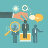 Choosing the best candidate for the job concept. Hand picking up a businessman from the row. Flat vector design