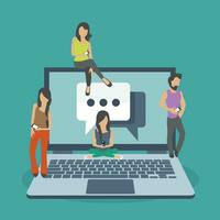 People sitting on big notebook. Social network web site. Surfing concept illustration of young people using lap top to be a part of on line community. Flat vector illustration