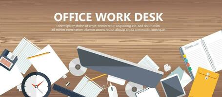 Office work desk concept. Work space, workplace, office, indoor. Flat banners for business and management purposes. Flat vector illustration