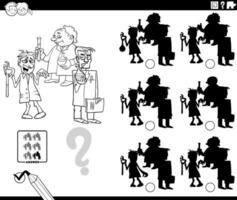 shadows game with cartoon scientists or inventors coloring page vector