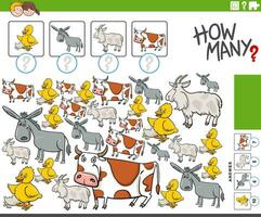 cómo muchos juego con dibujos animados granja animal caracteres vector