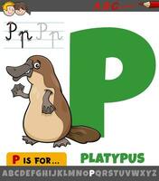 letter P from alphabet with cartoon platypus animal character vector