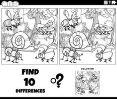 differences game with cartoon insects and snail coloring page vector