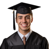 fermé en haut de une graduation Université étudiant Masculin souriant, portant une l'obtention du diplôme casquette, isolé sur une transparent arrière-plan, étudiant vie, ai génératif png