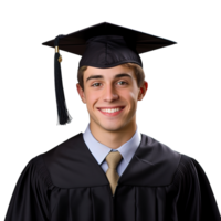 fermé en haut de une graduation Université étudiant Masculin souriant, portant une l'obtention du diplôme casquette, isolé sur une transparent arrière-plan, étudiant vie, ai génératif png