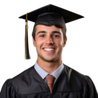 fermé en haut de une graduation Université étudiant Masculin souriant, portant une l'obtention du diplôme casquette, isolé sur une transparent arrière-plan, étudiant vie, ai génératif png