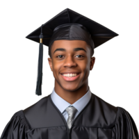 fermé en haut de une graduation Université étudiant Masculin souriant, portant une l'obtention du diplôme casquette, isolé sur une transparent arrière-plan, étudiant vie, ai génératif png