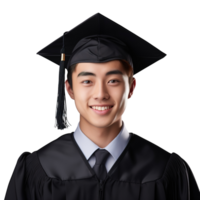 fermé en haut de une graduation Université étudiant Masculin souriant, portant une l'obtention du diplôme casquette, isolé sur une transparent arrière-plan, étudiant vie, ai génératif png