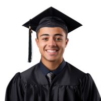 chiuso su di un' laurea Università alunno maschio sorridente, indossare un' la laurea berretto, isolato su un' trasparente sfondo, alunno vita, ai generativo png