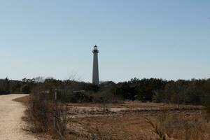 This pale white path leads to a beacon of hope. The Cape May point lighthouse stands tall in the distance. photo