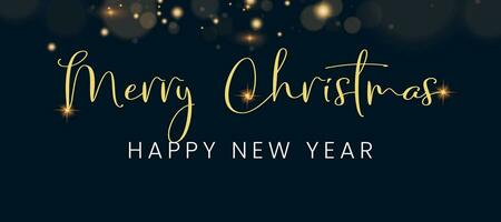 Merry Christmas and Happy New Year website header or banner design decorated with lettering on night sky with gold fireworks. Suitable for web online store, shop promo offer and media social. vector
