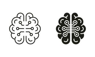 Human Brain with Circuit, Digital Technology Concept Silhouette and Line Icons Set. Artificial Intelligence Black Symbol Collection. Network, Tech Science Pictogram. Isolated Vector Illustration.