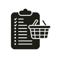 compra Lista de Verificación silueta icono. lista a comprar glifo pictograma. orden lista con cesta sólido signo. tienda de comestibles comercio electrónico, en línea rebaja símbolo. aislado vector ilustración.