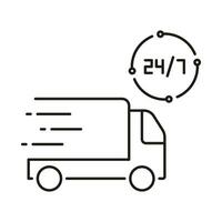 Delivery Service Around The Clock Line Icon. Parcel Shipment Time Linear Pictogram. Express Cargo Vehicle Outline Symbol. Twenty-Four Hour Delivery Sign. Editable Stroke. Isolated Vector Illustration.