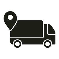 Delivery Service Truck with Location Pin Silhouette Icon. Shipping Place Symbol. Shipment Route Glyph Pictogram. Van Navigation, Order Dispatch Solid Sign. Isolated Vector Illustration.