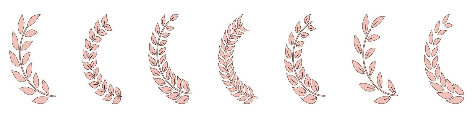 Olive Leaf Color Icons Set. Laurel Wreath In Half Circle Shape. Floral Border. Heraldic Natural Decoration Symbol Collection. Vintage Tree Branch Ornate. Isolated Vector Illustration.