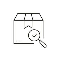 Carton Box with Magnifier and Checkmark Line Icon. Check Parcel Pictogram. Delivery Service Symbol. Approved Product, Quality Goods in Container Sign. Editable Stroke. Isolated Vector Illustration.