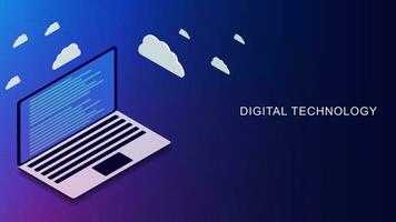 Laptop with cloud computing isometric. Computer service technology, data server. Network connection and online media concept background. Vector illustration.