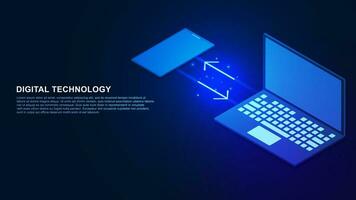 Isometric laptop and smartphone for wireless data transfer concept on dark blue background. Vector illustration.