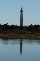 Cape May Point Lighthouse casting a beautiful reflection in the still pond. Brown foliage all around showing the Fall season. photo